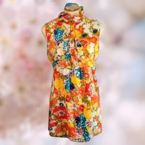 Twentyone Floral Rayon Sleeveless Tunic Mini Dress • Tie Waist Womens M